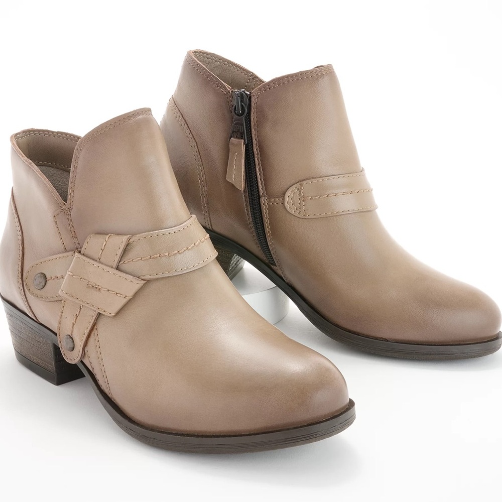 Miz Mooz Taupe Leather Ankle Booties with Strap Detail